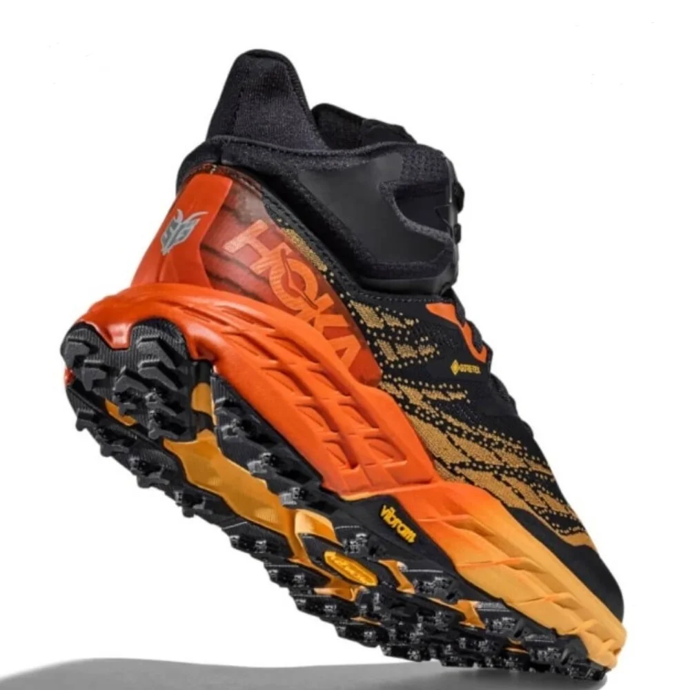 Hoka Speedgoat 5 Mid GTX Gore-Tex WATERPROOF Hiking Boots Black / Orange Yellow - Picture 3 of 12